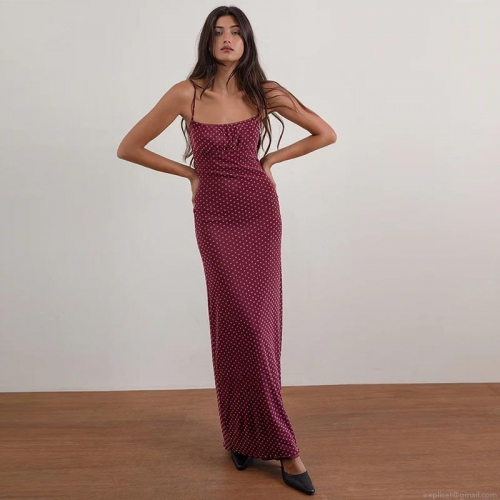 Women's Sexy Polka Dot Maxi Dress Spaghetti Strap Backless Slim Fit Burgundy Red Vintage French Style Polyester Spandex Summer Vacation Party Long Dress