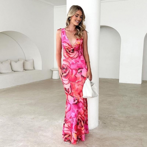 Women's Sexy Backless Floral Print Maxi Dress Sleeveless Cowl Neck Strappy Satin Long Dress For Summer Party Vacation Clubwear