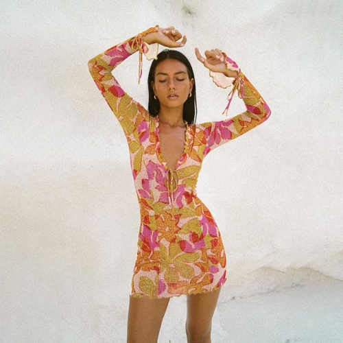 Floral Long Sleeve Mini Dress Polyester Mesh V-Neck Tie-Up Bodycon Ruffle Hem Autumn Vacation Elegant Fashion Women Slim Fit Short Dress