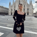 Sexy Heart Cut-out Long Sleeve Mini Dress For Women Elegant Square Neck Ribbed Knit Bodycon Party Clubwear Dress With Lace-up Back