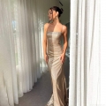 Sexy Backless Sequin Maxi Dress For Women Elegant Champagne Grey Shimmer Spaghetti Strap Fishtail Evening Party Dress Celebrity Style Long Bodycon Gown Dress