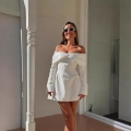 Sexy Women Off-The-Shoulder Long Sleeve Mini Dress Polyester Spandex Ruched Button Decor Slim Fit A-Line Party Clubwear Dress