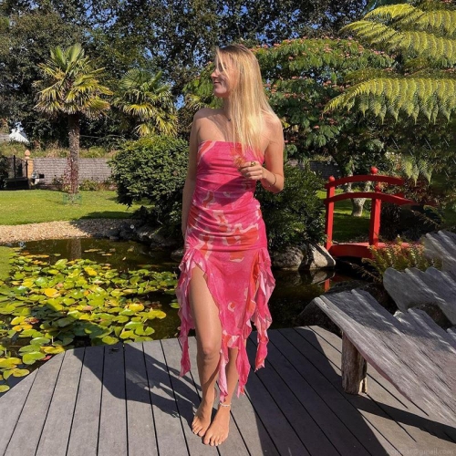 Women Sexy Strapless Mesh Midi Dress Pink Abstract Print Ruffle Hem High Slit Bodycon Dress Summer Vacation Beach Party Evening Clubwear
