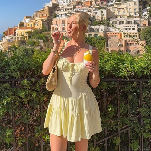 Women Sexy Cami Mini Dress Sleeveless Smocked Back Tiered Ruffle Hem Polyester Spandex Summer Vacation Beach Party Dresses For Ladies