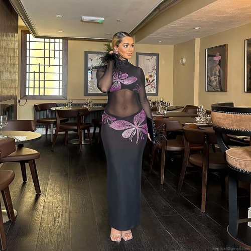 Sexy Black Mesh Patchwork Bodycon Maxi Dress With Purple Butterfly Rhinestone And Feather Trim Long Sleeve High Neck Party Evening Dress For Women