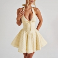 Sexy Halter Mini Dress Polyester Spandex Yellow Gingham Plaid V Neck Backless Bow A-Line Flare Skirt For Women Summer Vacation Party Dating