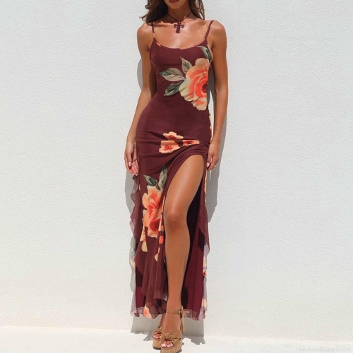 Women Sexy Spaghetti Strap Maxi Dress Floral Print Mesh High Slit Bodycon Long Dress With Ruffle Detail Summer Beach Party Clubwear Slim Fit Backless Dress