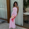 Women's Sexy Pink Orchid Floral Print Halter Maxi Dress Backless Mesh Slim Fit Long Party Dress Summer Beach Vacation Wear