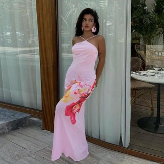 Women's Sexy Pink Orchid Floral Print Halter Maxi Dress Backless Mesh Slim Fit Long Party Dress Summer Beach Vacation Wear