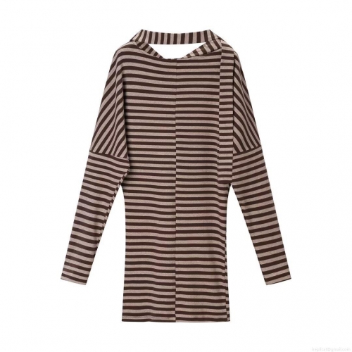 Sexy Women's Striped Long Sleeve Mini Dress Knitted Polyester Cowl Neck Loose Fit T-Shirt Dress for Autumn Party Dating Fashion Casual Wear