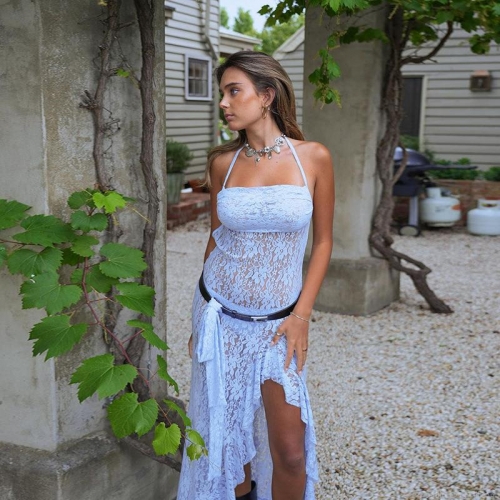 Women Sexy Light Blue Floral Lace Halter Dress Backless See-through High Slit Midi Party Vacation Dress Made Of Nylon And Spandex