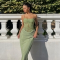 Sexy Lace Satin Patchwork Maxi Dress Spaghetti Strap Slim Fit Ruched Cami Dress for Women Summer Party Date Sage Green Square Neck Sleeveless Dress