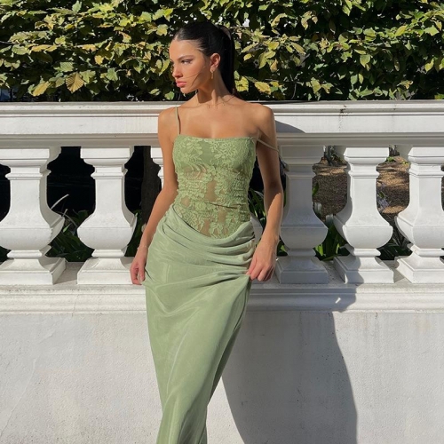 Sexy Lace Satin Patchwork Maxi Dress Spaghetti Strap Slim Fit Ruched Cami Dress for Women Summer Party Date Sage Green Square Neck Sleeveless Dress