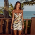 Women Sexy Tiger Print Hollow Out Cami Mini Dress Satin V Neck Bodycon Slim Fit Sleeveless Back Zipper Dress For Party Vacation Clubwear