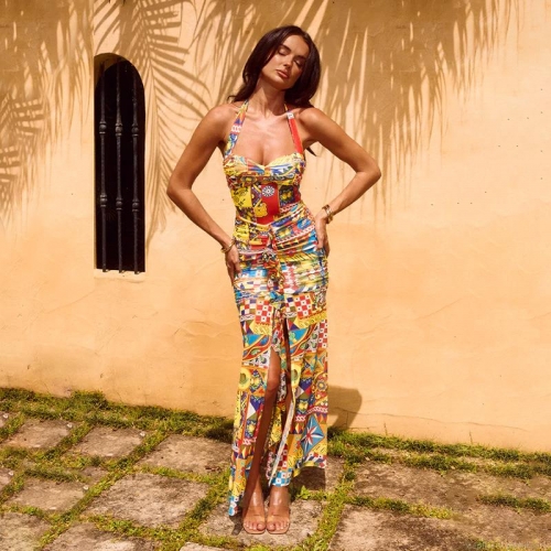 Women's Halter Neck Sicilian Tile Lemon Print Maxi Dress Elegant Ruched Split Bodycon Sleeveless Long Dress For Summer Party Vacation