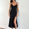 Women Sexy V Neck Ruffle Split Midi Dress Tencel Spandex Sleeveless Sling Dress For Party Wedding Club Summer Solid Black Bodycon Dress