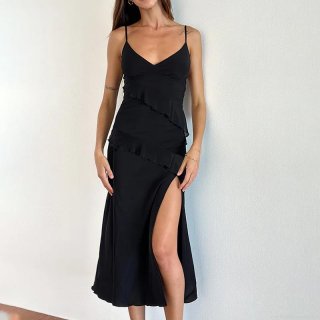 Women Sexy V Neck Ruffle Split Midi Dress Tencel Spandex Sleeveless Sling Dress For Party Wedding Club Summer Solid Black Bodycon Dress