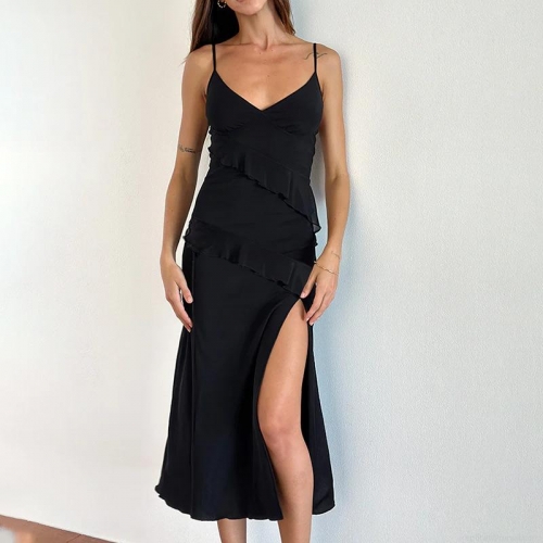 Women Sexy V Neck Ruffle Split Midi Dress Tencel Spandex Sleeveless Sling Dress For Party Wedding Club Summer Solid Black Bodycon Dress
