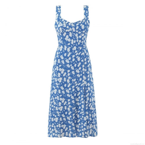 Women's Sexy Floral Print Midi Dress Sleeveless Side Slit Bohemian Summer Vacation V-Neck High Waist Smocked Back Polyester Dress for Women