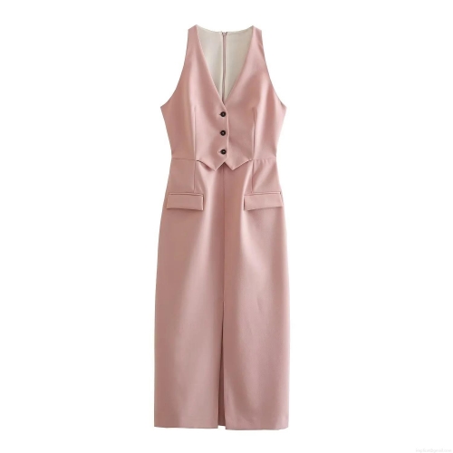 Women Elegant Pink Sleeveless Suit Collar Midi Dress Slim Fit Woven Polyester Vest Dress For Party Office Daily Lady Fashion