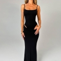 Women Sexy Black Bodycon Maxi Dress Slim Fit Hollow Out Cutout Side High Slit Cami Dress Summer Party Streetwear Polyester Spandex Long Dress