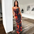 Women's Sexy Backless Abstract Flame Print Slim Fit Maxi Dress Summer Spaghetti Strap Polyester Spandex Bodycon Party Long Dress Evening Gown