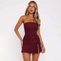 Sexy Ruched Mesh Bodycon Mini Dress For Women Tube Top Sleeveless Backless Split Party Nightclub Dress Summer Slim Fit Clubwear