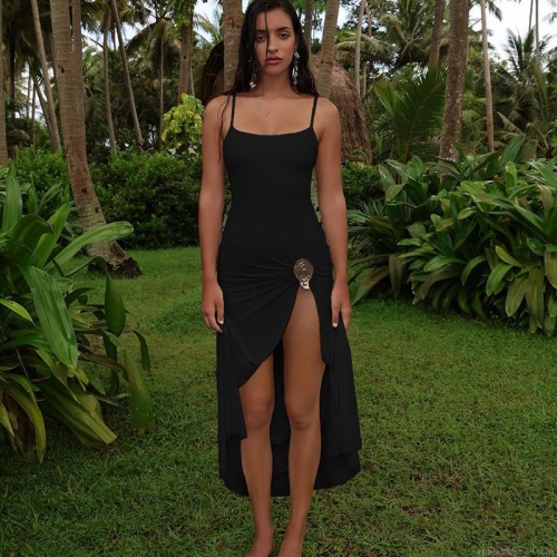 Women Sexy Black Cami Maxi Dress With High Slit Metal Buckle Detail Sleeveless Backless Slim Fit Summer Vacation Party Bodycon Long Dress