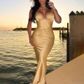 Women's Sexy V-Neck Backless Satin Maxi Dress With Rhinestone Bead Chain Gold Luxury Polyester Evening Party Wedding Guest Slim Fit Long Dress