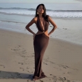 Women's Sexy Halter V Neck Cutout Maxi Dress Metal Ring Sleeveless Open Back Beach Vacation Slim Fit Polyester Spandex Long Dress Evening Party Clubwear