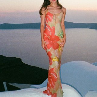 Women's Sexy Floral Print Backless Maxi Dress V-Neck Hollow Out Sleeveless Sling Vacation Beach Long Dress Polyester Spandex High Waist Summer A-Line Dress