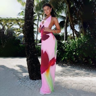 Women Sexy Halter Neck Backless Maxi Dress Large Floral Print Polyester Spandex Slim Fit Beach Vacation Long Dress Party Wear