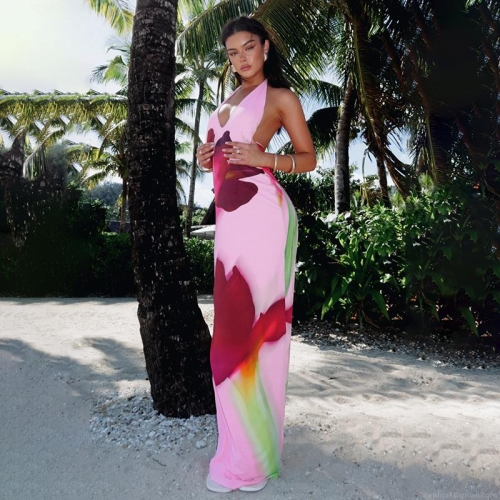 Women Sexy Halter Neck Backless Maxi Dress Large Floral Print Polyester Spandex Slim Fit Beach Vacation Long Dress Party Wear