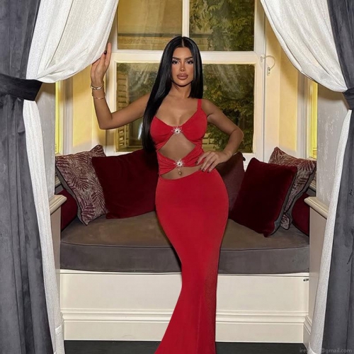 Women Sexy Red Cut-out Fishtail Maxi Dress Polyester Spandex Rhinestone Sun Buckle Spaghetti Strap Backless Party Evening Vacation Clubwear Slim Fit Floor Length