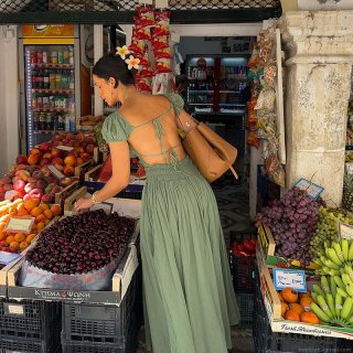 Women Sexy Backless French Style Maxi Dress Puff Sleeve Lace Up Solid Color Smocking High Waist Vacation Beach Long Dress For Women