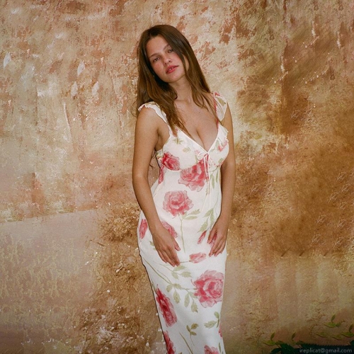 Women's French Vintage Red Rose Floral Print Spaghetti Strap Midi Dress Sexy V Neck Ruffle Trim High Waist Bodycon Summer Vacation Slip Dress