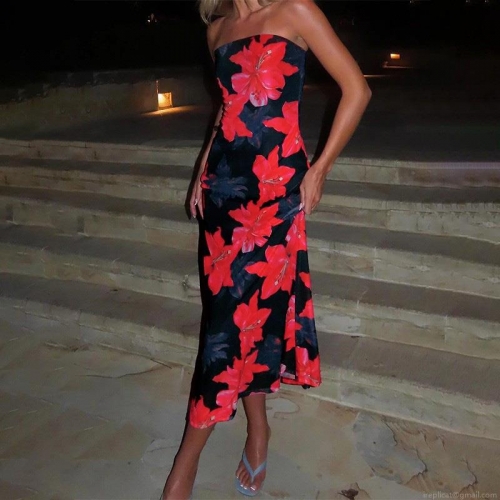 Sexy Strapless Floral Print Maxi Dress Women's Vintage Bodycon Mesh Long Dress Polyester Spandex High Waist Club Party Sleeveless Evening Tube Dress