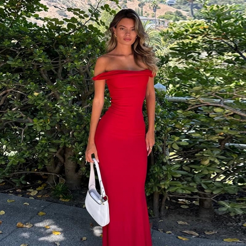 Women Sexy Red One Shoulder Knot Mermaid Evening Dress Elegant Bodycon Fishtail Maxi Gown For Wedding Party Celebration