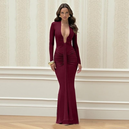 Women Elegant Deep V-Neck Long Sleeve Maxi Dress Sexy Ruched Bodycon Evening Party Gown High Stretch Pleated Slim Fit Solid Color Formal Long Dress