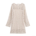 Women Elegant Crochet Lace Long Sleeve Midi Dress With Inner Slip Hollow Out Split Hem Knitted Dress For Party Evening Celebrity Style Beige Cream