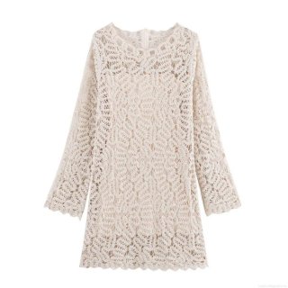 Women Elegant Crochet Lace Long Sleeve Midi Dress With Inner Slip Hollow Out Split Hem Knitted Dress For Party Evening Celebrity Style Beige Cream