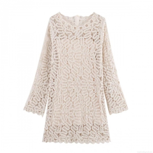 Women Elegant Crochet Lace Long Sleeve Midi Dress With Inner Slip Hollow Out Split Hem Knitted Dress For Party Evening Celebrity Style Beige Cream