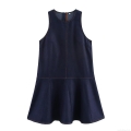 Women's Sleeveless Denim Style Polyester Dress Round Neck Contrast Orange Stitching Zipper Back Pleated Hem Mini Dress Elegant Casual Blue