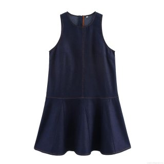Women's Sleeveless Denim Style Polyester Dress Round Neck Contrast Orange Stitching Zipper Back Pleated Hem Mini Dress Elegant Casual Blue
