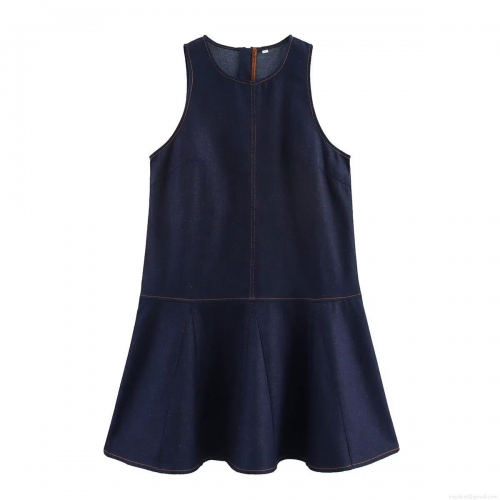 Women's Sleeveless Denim Style Polyester Dress Round Neck Contrast Orange Stitching Zipper Back Pleated Hem Mini Dress Elegant Casual Blue