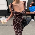 Women Sexy Leopard Print Spaghetti Strap Midi Dress Ruched V Neck Ruffled Summer Bodycon Backless French Style Slim Fit Party Clubwear Dress