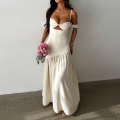 Sexy Women Off Shoulder Cutout Maxi Dress Polyester Spandex Sleeveless Ruched Hem Bodycon Long Dress For Summer Vacation Party Clubwear
