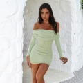 Sexy Off The Shoulder Long Sleeve Mini Dress Polyester Spandex Ruched Bodycon Corset Waist Dress For Women Party Club Night Out Solid Mint Green Slim Fit Short Dress