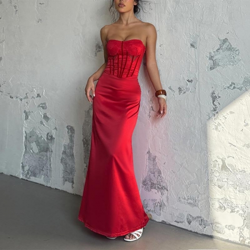 Women's Sexy Halter Backless Satin Maxi Dress Lace Patchwork Fishbone Corset Slim Fit Long Gown For Party Evening Formal Events
