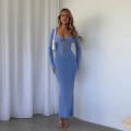 Women Sexy Hollow Out Metal Ring Ribbed Knit Maxi Dress Square Neck Long Sleeve Slim Fit Split Long Dresses for Nightclub Party